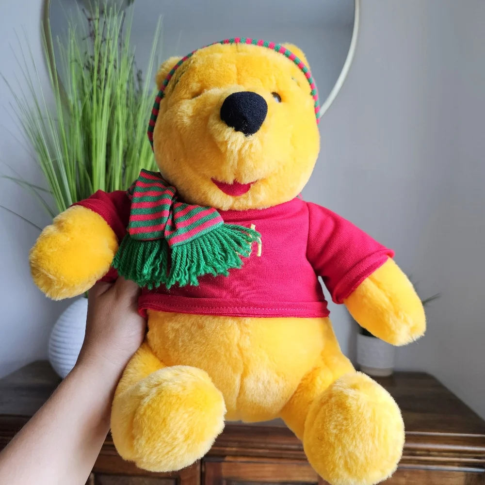 Vintage Disney Winnie the Pooh Plush 14” Mattel Arcotoys Holiday Scarf Red Shirt